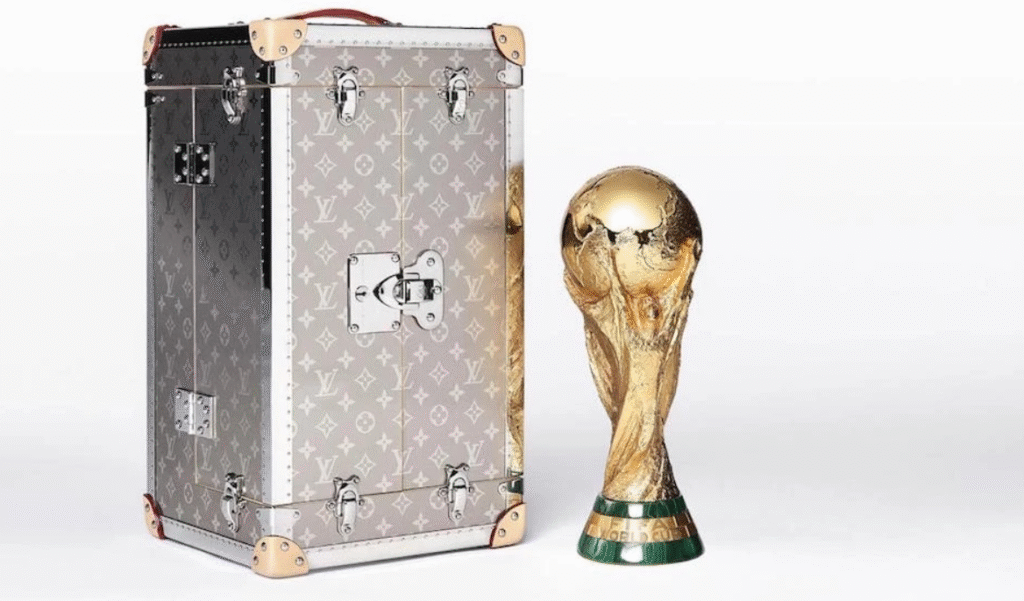 FIFA World Cup trophy replica does a world tour months leading up to the World Cup. Louis Vuitton designed the case of the FIFA World Cup trophy, where the Trophy is kept and presented for public viewing around the world.